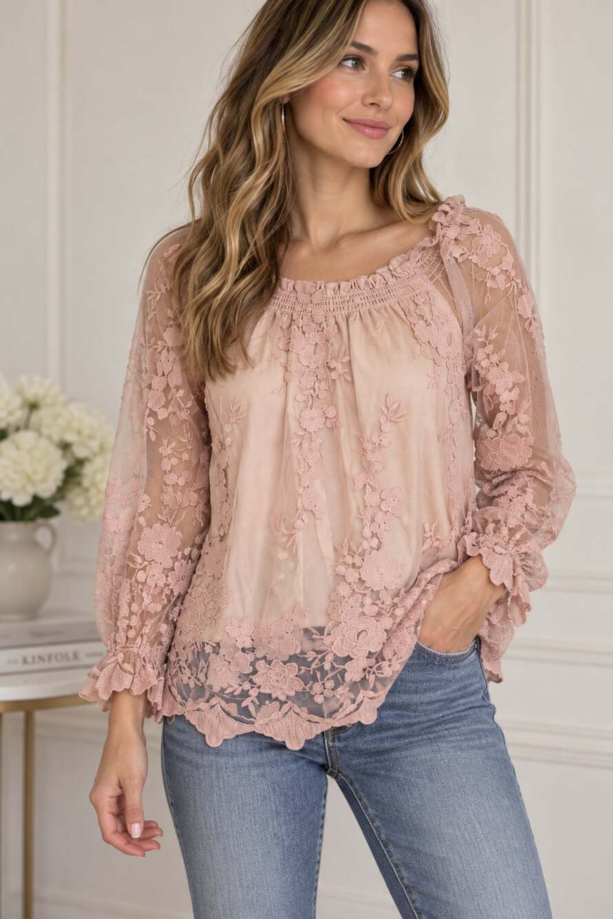 Marled Reunited Blush Pink Floral Lace Boho Blouse Top L